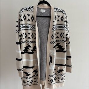 Lucky Brand Open Longline Cardigan Sweater Size M Oatmeal Aztec Print Cozy